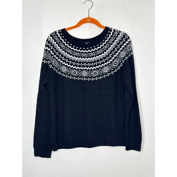 Talbots Fire Isle Nordic Crew Neck Cotton Blend Sweater Black White Size Large - Picture 1 of 6